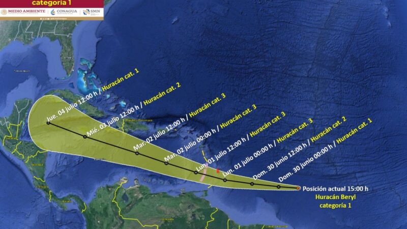 Beryl ya es huracán categoría 1; se encamina hacia Quintana Roo